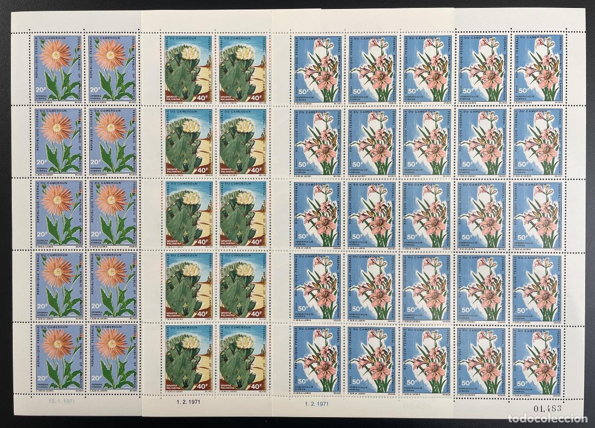 Sellos: Camer&uacute;n 1971 YT 496-498 tabl&oacute;n flores cactus naturaleza flora bot&aacute;nica