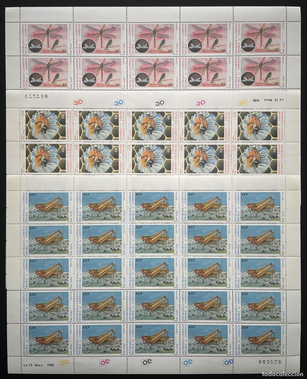 Stamps: Camer&uacute;n 1986 YT 782-784 tabl&oacute;n insectos mariposas lib&eacute;lula saltamontes abeja