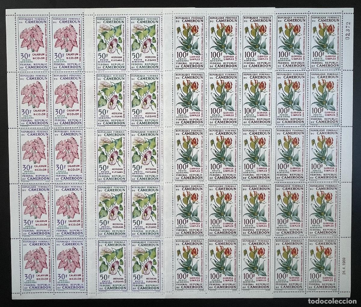 Sellos: Camer&uacute;n 1969 YT PA 130-132 tabl&oacute;n flores bot&aacute;nicas correo a&eacute;reo naturaleza