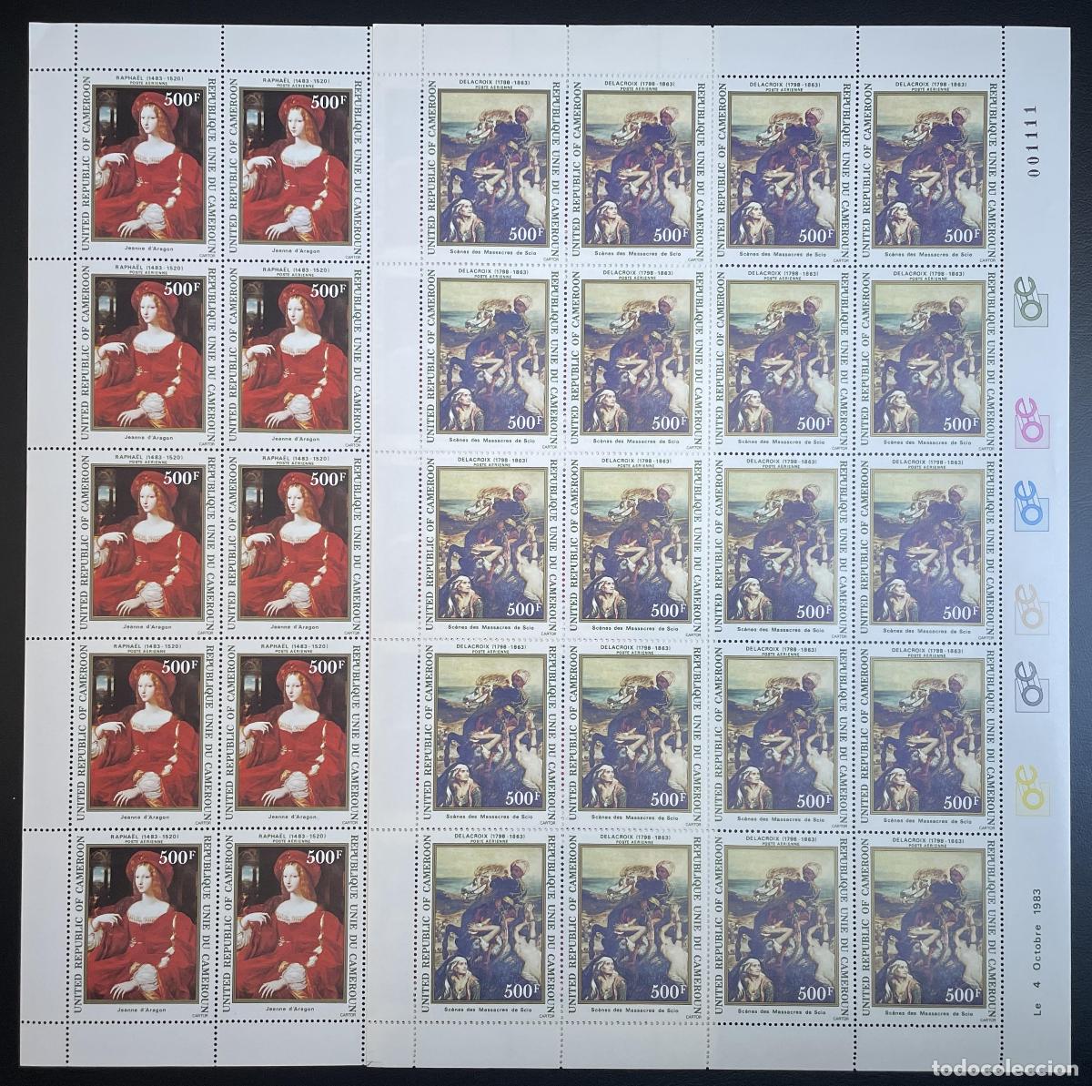 Sellos: Camer&uacute;n 1983 YT PA 319-320 tabl&oacute;n Delacroix Rapha&euml;l pinturas arte mujer