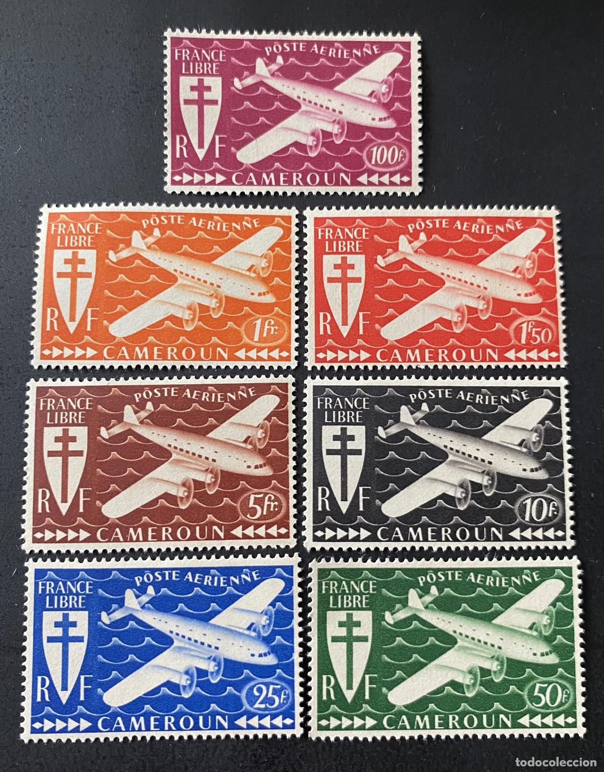Timbres: Camer&uacute;n 1942 Mi. 238-44 correo a&eacute;reo Francia Libre avi&oacute;n cruz