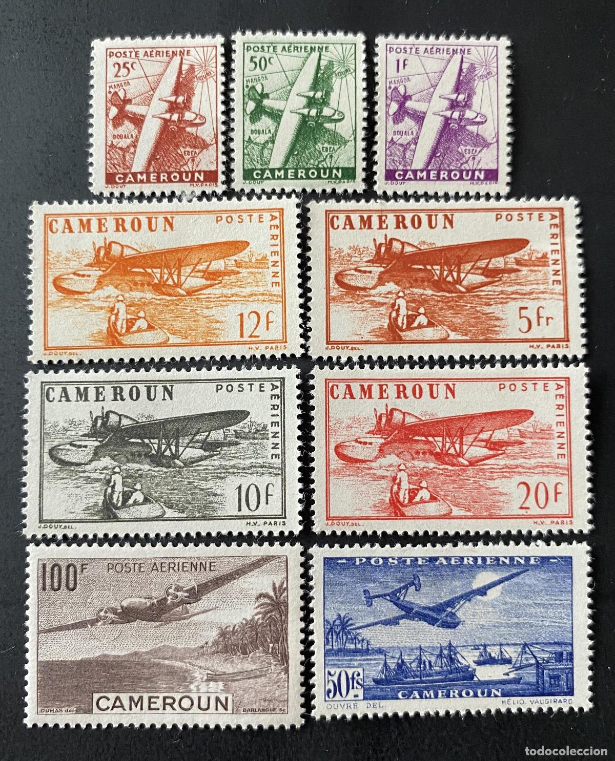 Timbres: Camer&uacute;n 1943 Mi. 248-256 correo a&eacute;reo biplano hidroavi&oacute;n piragua