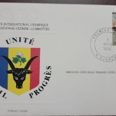 Sellos: P) 1984 CHAD, AIRMAIL, COMINTE INTERNATIONAL, OLYMPIC GAMES, LOS ANGELES, FDC, XF