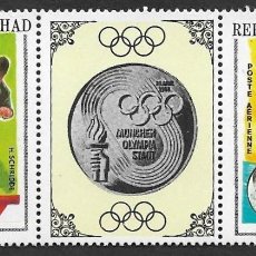 Sellos: SD)1972 CHAD SPORTS SERIES, OLYMPIC GAMES MUNICH, GERMAN R. F. WINNERS, STRIP OF 3 MNH STAMPS