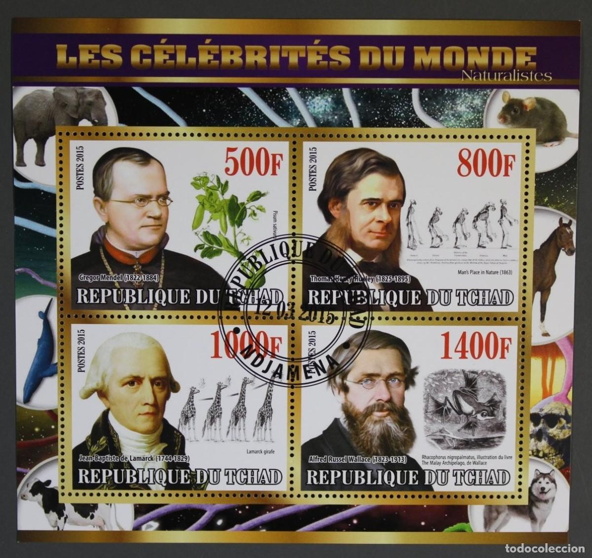 Sellos: CHAD TCHAD 2015 SHEET USED MNH CELEBRIDADES GREGOR MENDEL ALFRED RUSSEL WALLACE DE LAMARCK HUXLEY