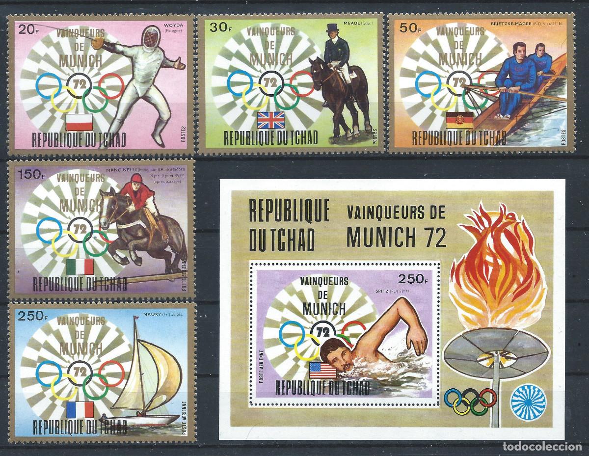 Sellos: Tchad N&deg;286/88 + PA 143/44 + Bloc 13E** (MNH) 1972 - J.O de Munich
