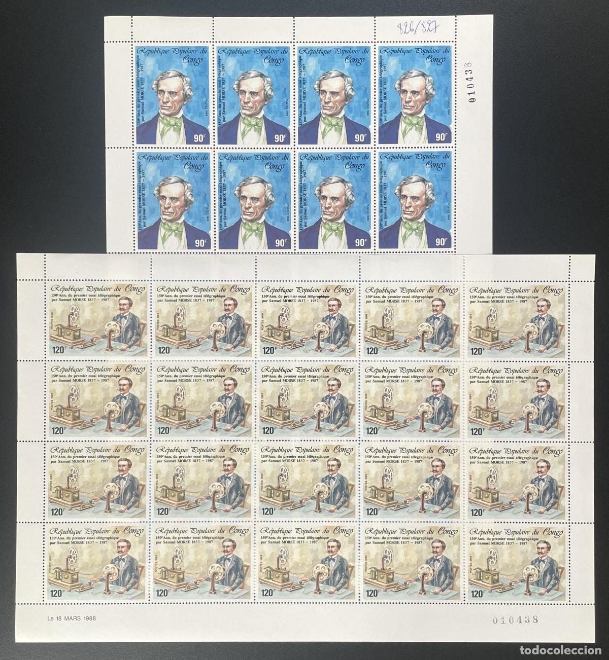 Sellos: Congo 1988 YT 826-827 tabl&oacute;n Abraham Lincoln presidente Samuel Morse tel&eacute;grafo