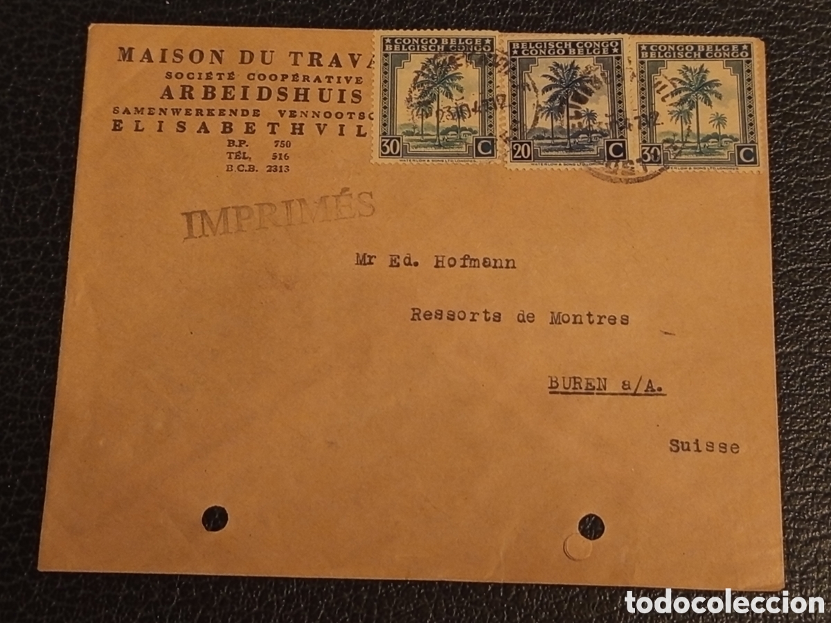 Sellos: Sobre Congo Belga 1940s Elisabethville a Suiza - Buren Relojer&iacute;a - Imprim&eacute;s