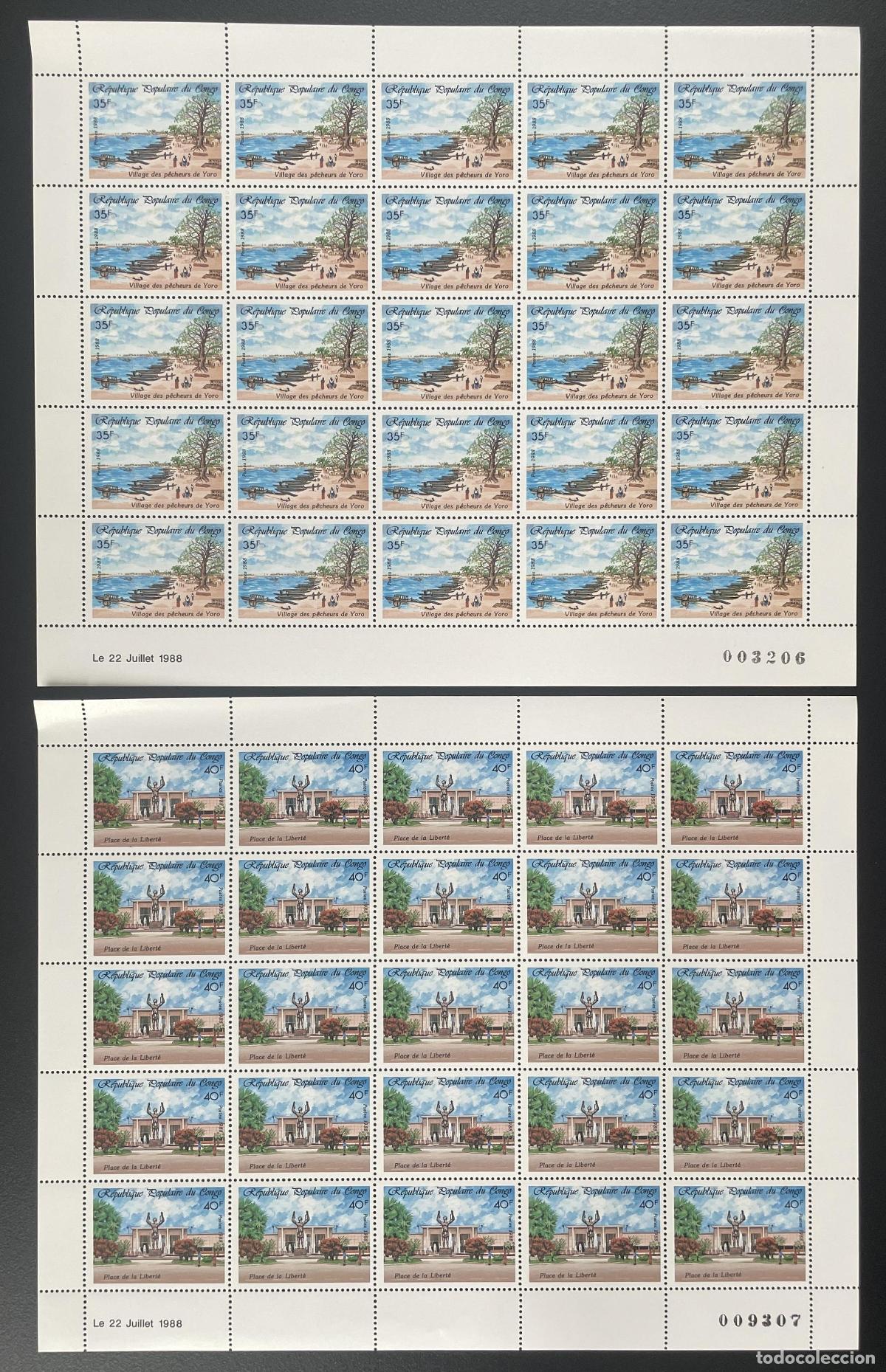 Sellos: Congo 1988 YT 834-835 tabl&oacute;n pueblo de Yoro pescadores barco costero lugar libertad