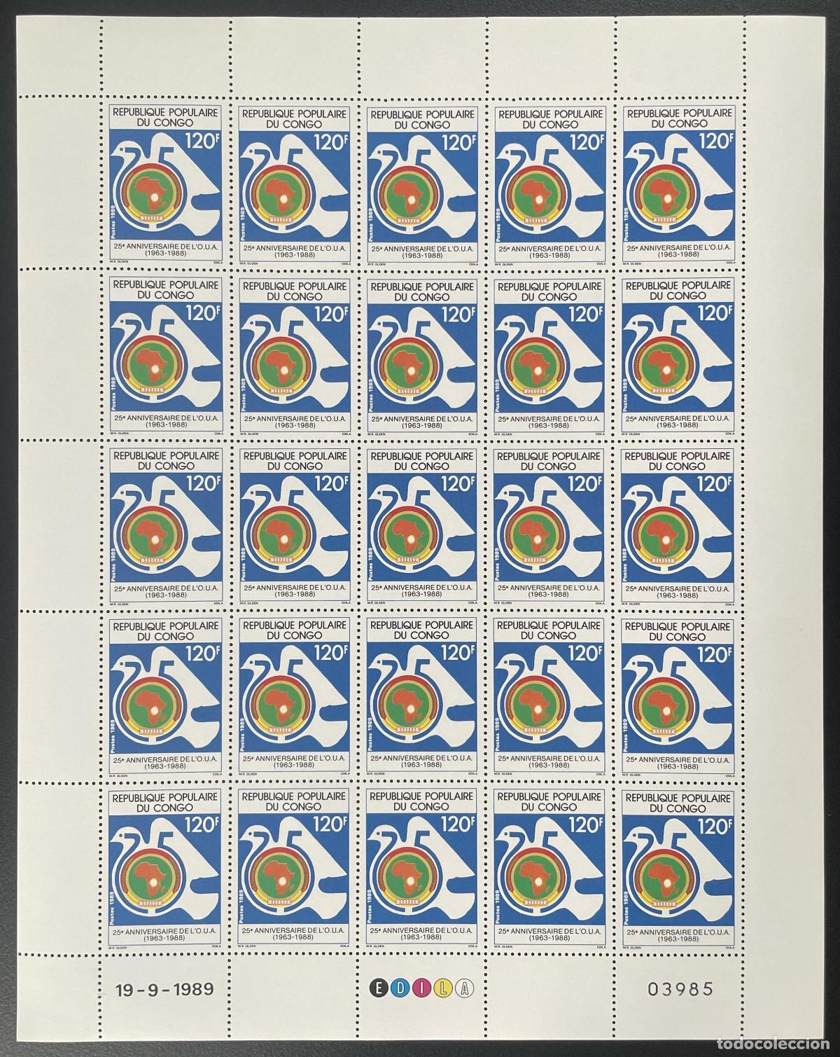 Sellos: Congo 1989 YT 846 tabl&oacute;n 25 aniversario Organizaci&oacute;n de la OUA Unidad Africana