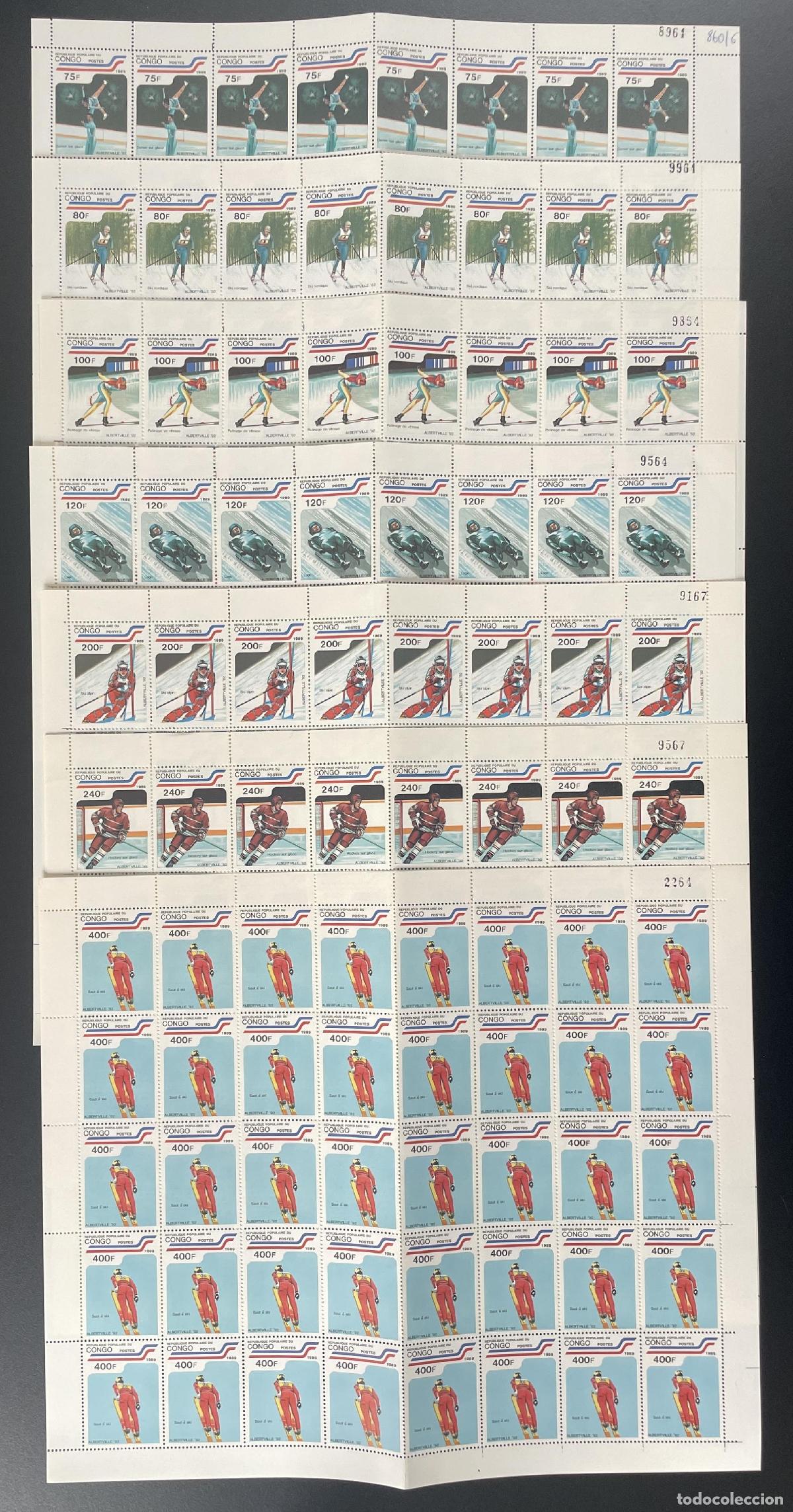 Sellos: Congo 1989 YT 860-866 tabl&oacute;n Juegos Ol&iacute;mpicos de Albertville Esqu&iacute; Biatl&oacute;n Bobsleigh