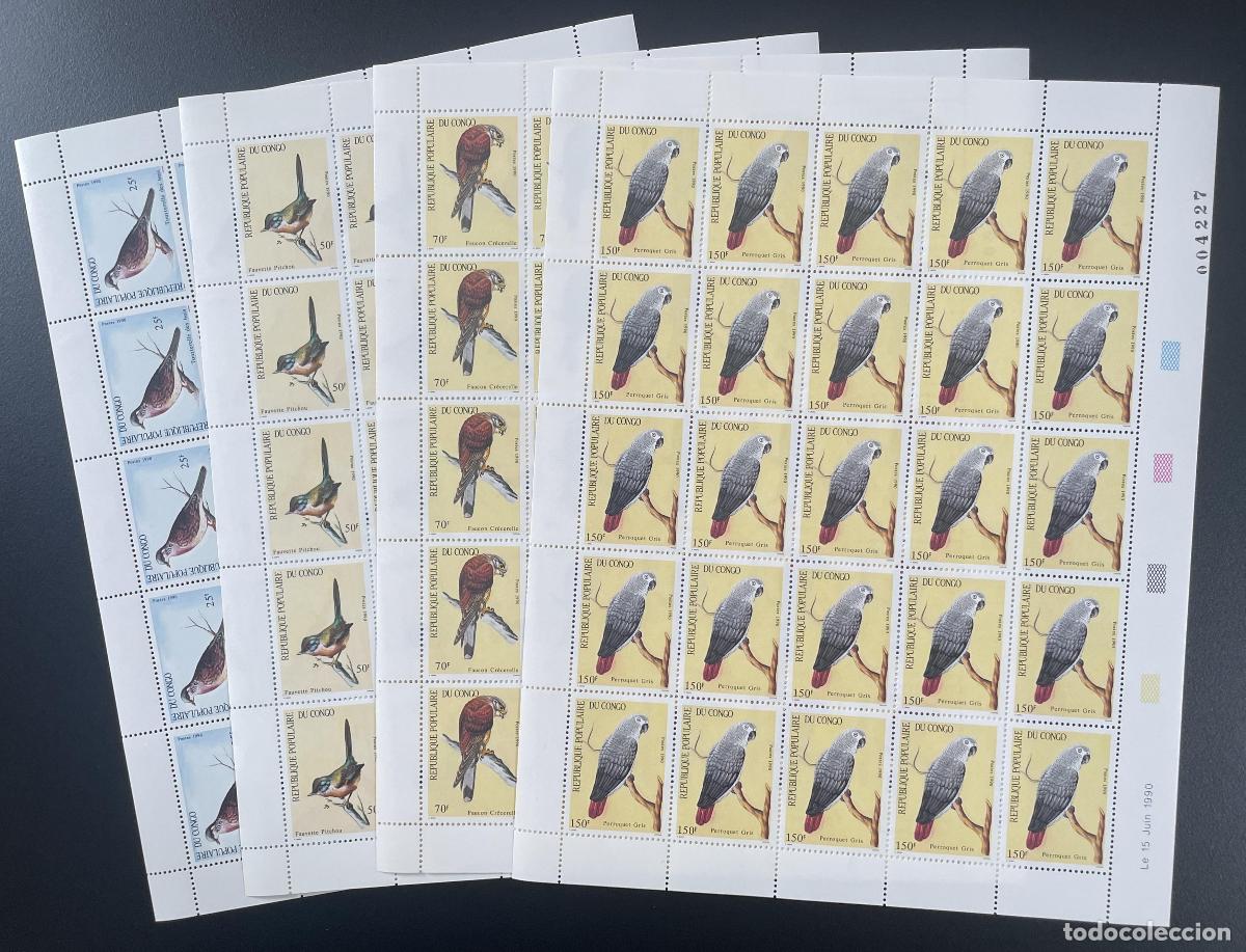 Sellos: Congo 1990 YT 868-871 tabl&oacute;n p&aacute;jaros loros rapaces fauna animales