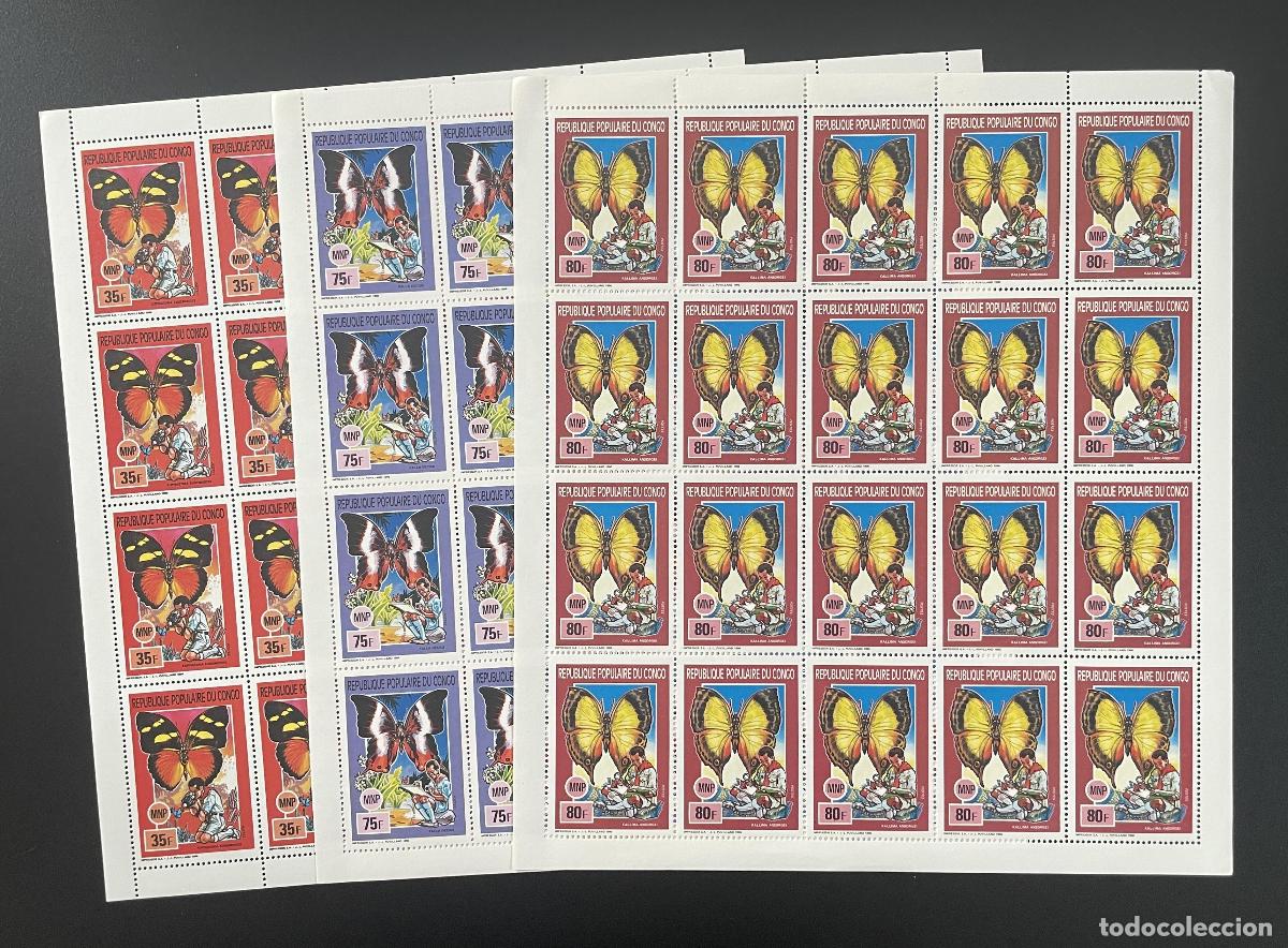 Sellos: Congo 1990 YT 881-883 tabl&oacute;n mariposas vida silvestre insectos animales exploradores