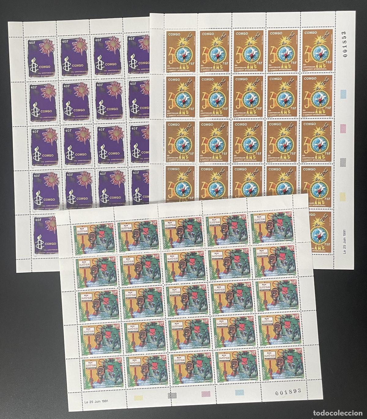 Sellos: Congo 1991 YT 916-918 tabl&oacute;n Aniversario de los derechos humanos Amnist&iacute;a Internacional