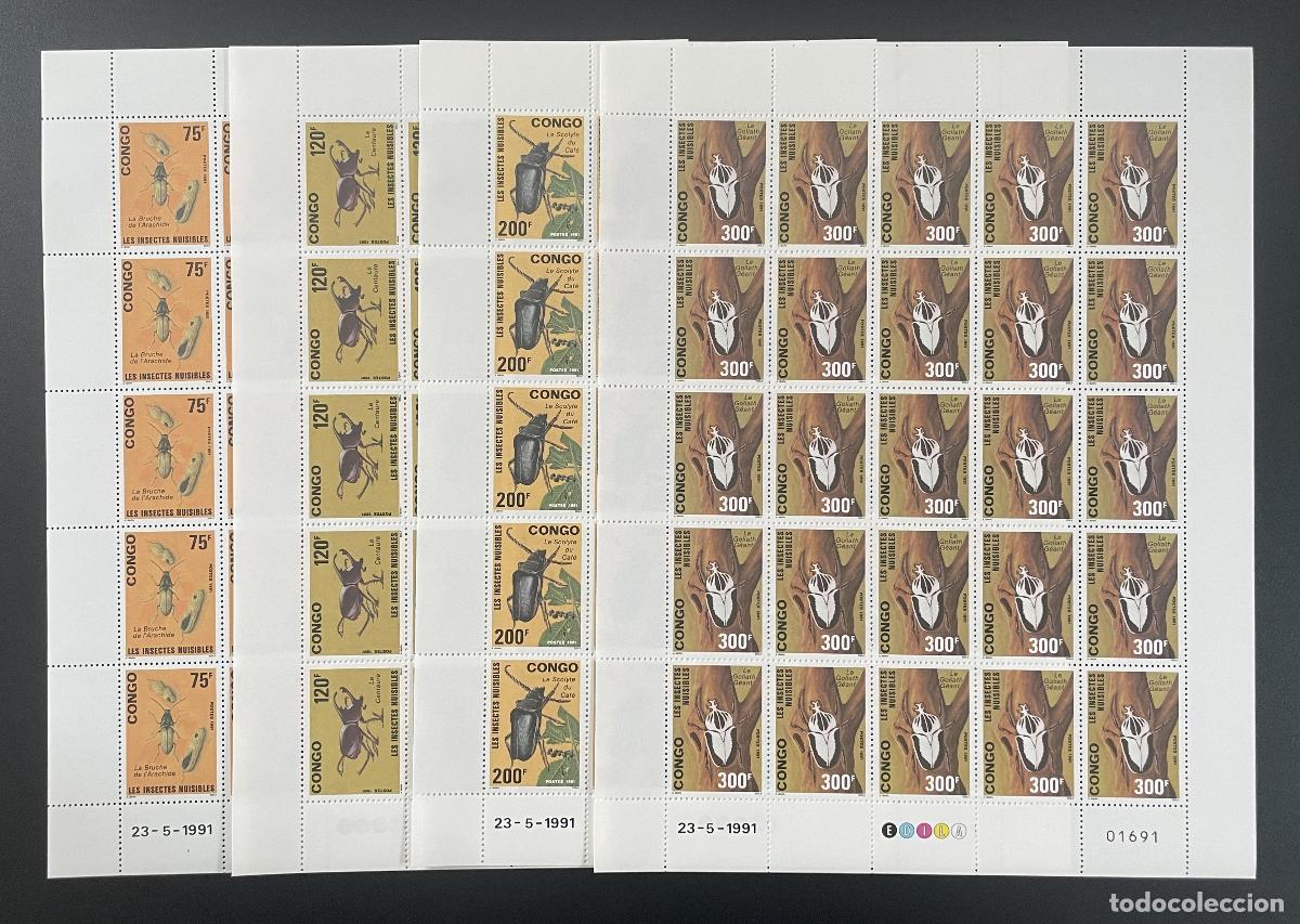 Sellos: Congo 1991 YT 907-910 tabl&oacute;n insectos da&ntilde;inos escarabajos