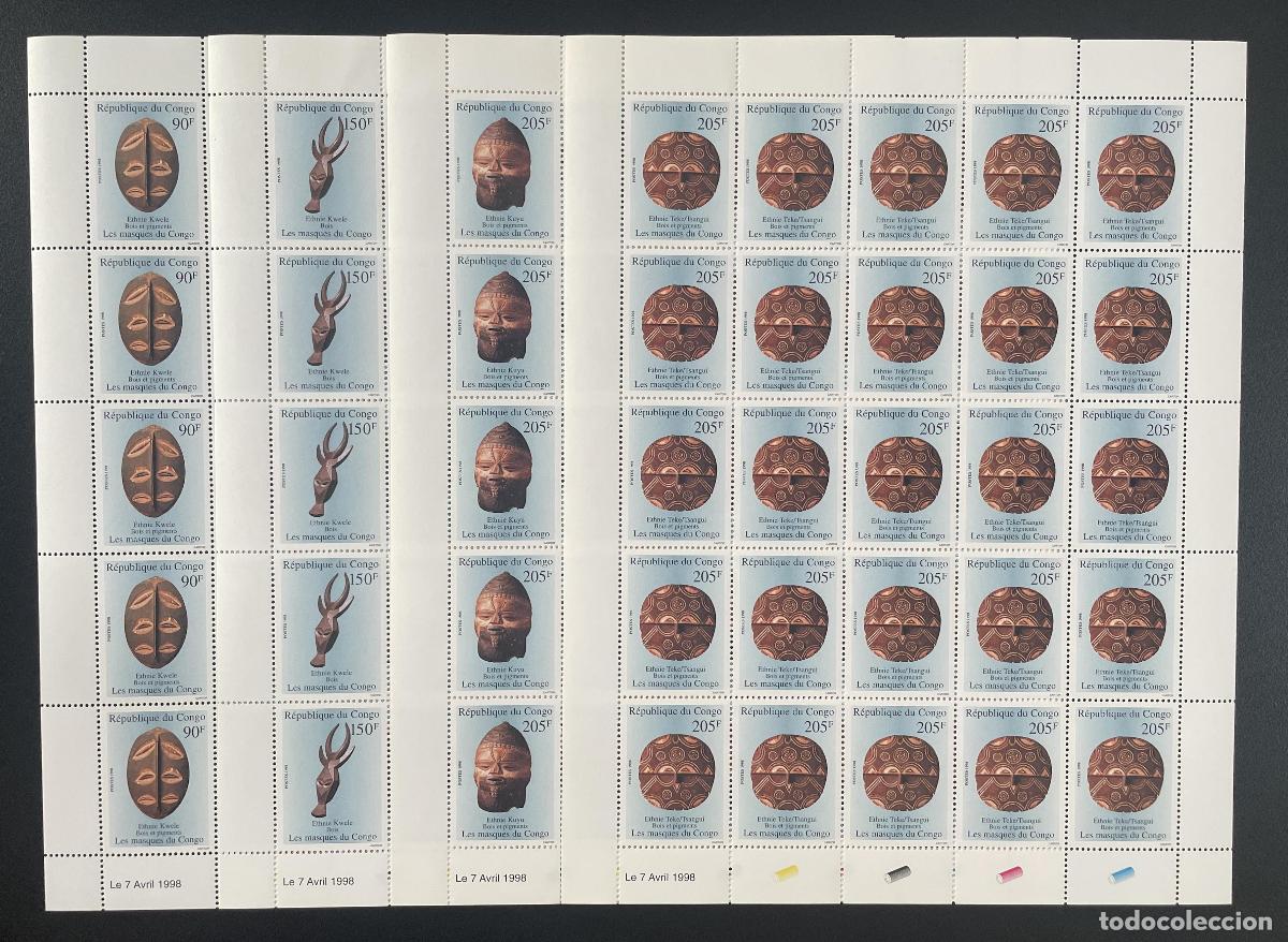 Sellos: Congo 1998 YT 1047-1050 tabl&oacute;n M&aacute;scaras africanas Kwele Teke Tsangui art