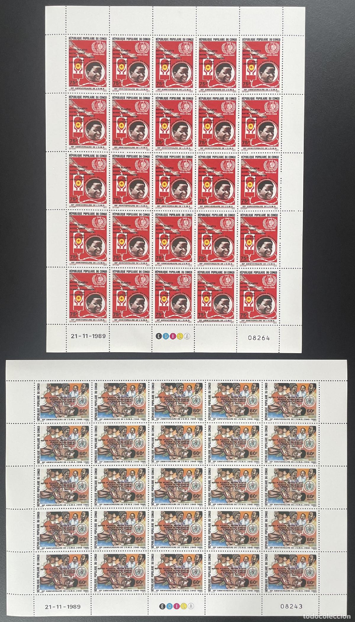 Selos: Congo 1989 YT 853-854 Overload tabl&oacute;n OMS health medicine birthday