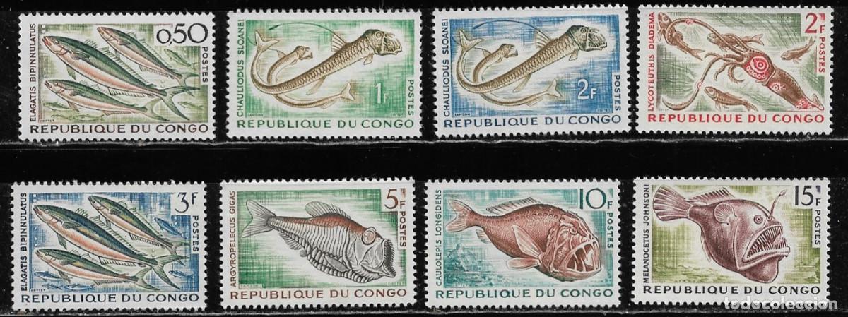 Sellos: CONGO 1961, Ivert A-142/47 + 144 Y 147A - SERIE COMPLETA DE 8 VALORES - PECES TROPICALES. MNH.