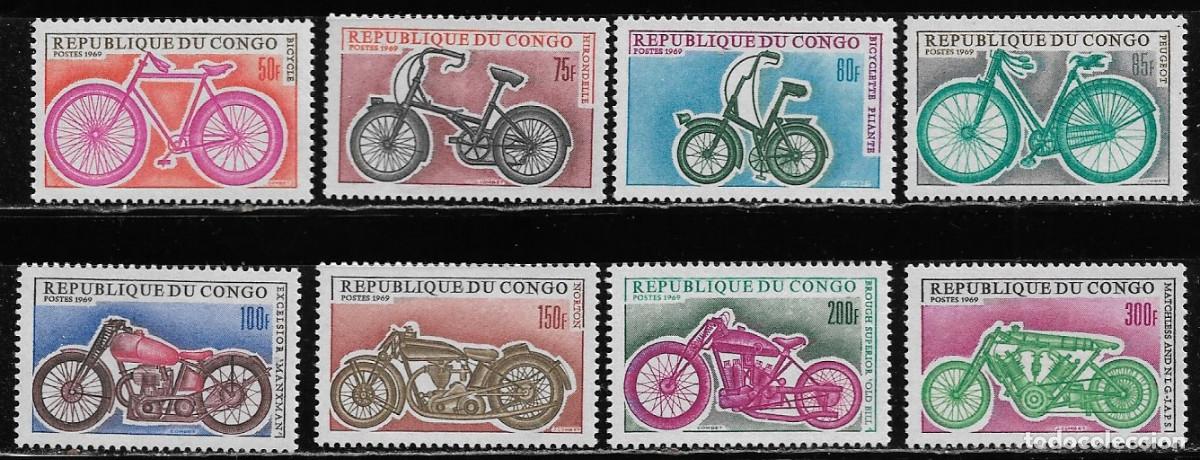 Francobolli: CONGO 1969, SERIE Ivert 229/36, bicicletas y motocicletas. MNH.