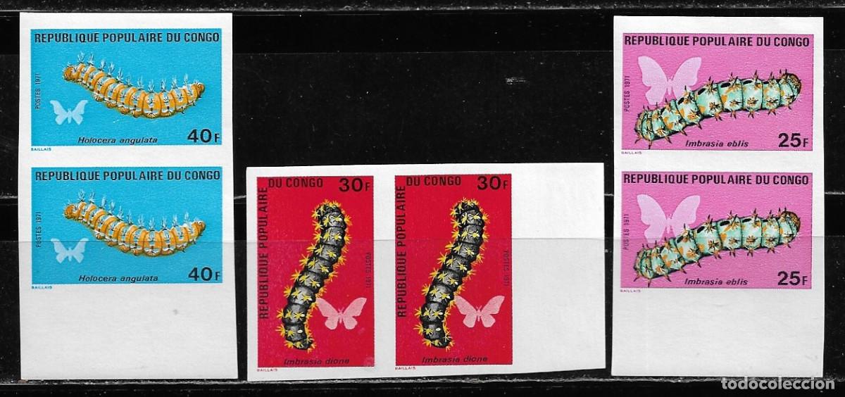 Sellos: CONGO 1971, SERIE CORTA Ivert 297/302 - ORUGAS - PAREJAS SIN DENTAR. MNH.