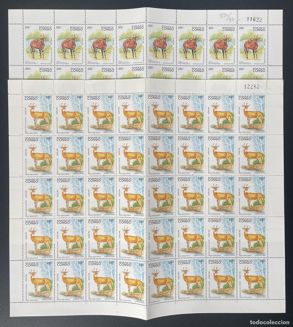 Sellos: Congo 1994 YT 996-997 tabl&oacute;n vida silvestre ant&iacute;lope bongo kob protecci&oacute;n de la naturaleza