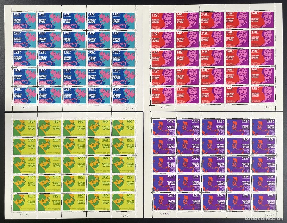 Sellos: Congo 1973 YT PA 146-149 tabl&oacute;n m&uacute;sicos de jazz negro Coltrane Davis Fitzgerald