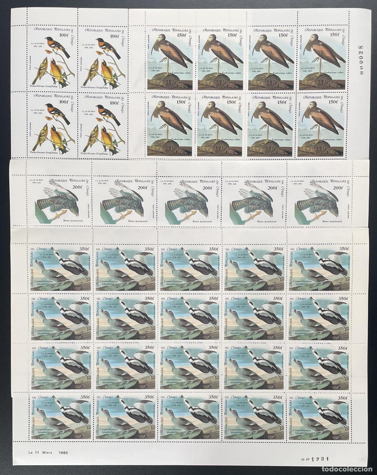 Sellos: Congo 1985 YT PA 332-335 tabl&oacute;n Audubon aves rapaces ornitolog&iacute;a