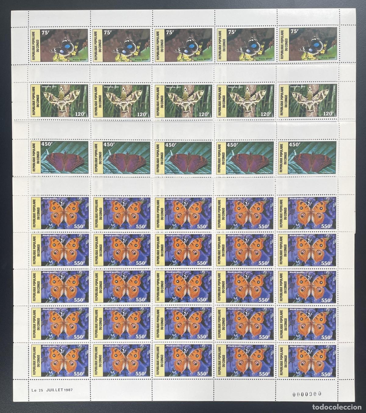 Sellos: Congo 1987 YT PA 371-374 tabl&oacute;n mariposas fauna insectos Precis