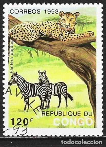 Sellos: Congo Brazzaville 1993 - Mi 1366 - YT 974 - Fauna : Pantera y cebras