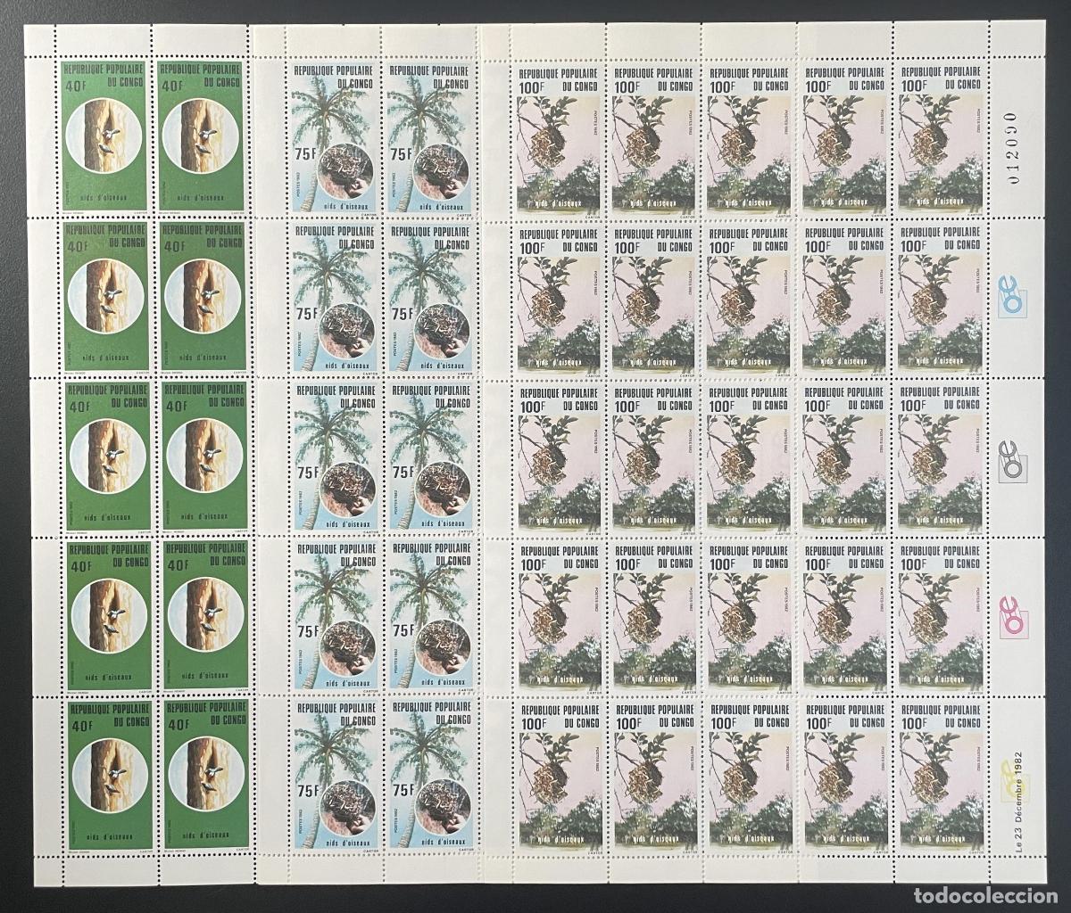 Sellos: Congo 1982 YT 688-690 hoja de tabl&oacute;n nidos p&aacute;jaros fauna &Aacute;rbol p&aacute;jaro Vogel