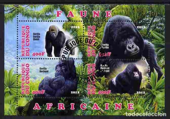 Sellos: CONGO 2012 SHEET USED MNH FAUNA MAMIFEROS GORILLAS GORILLES GORILAS MONOS MONKEYS PRIMATES WILDLIFE