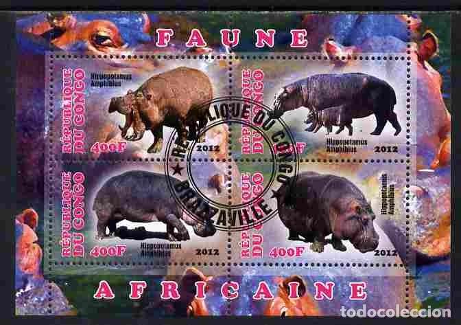 Sellos: CONGO 2012 SHEET USED MNH FAUNA MAMIFEROS WILDLIFE HIPPOPOTAMES HIPPOS HIPOPOTAMOS NILPFERDEN