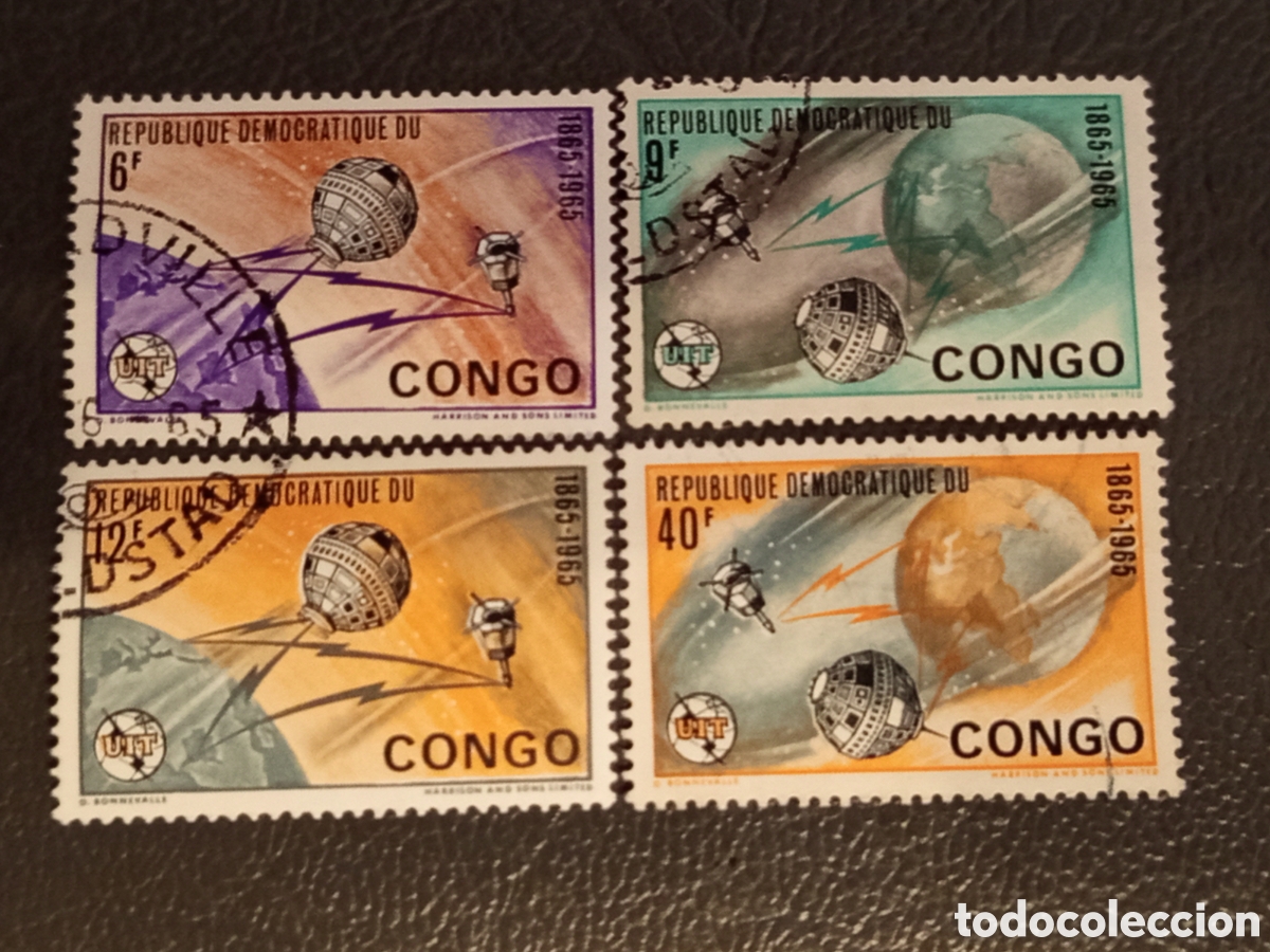 Sellos: Rep&uacute;blica Democr&aacute;tica del Congo 1965 - Centenario de la UIT Sat&eacute;lites - Yvert #585/592