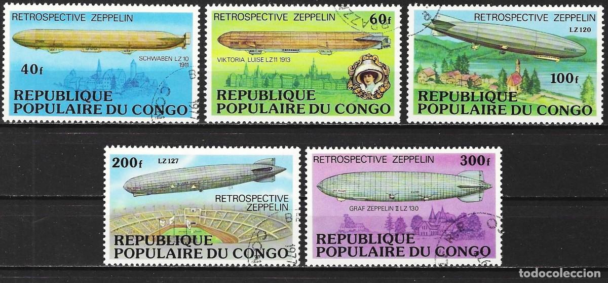 Sellos: Congo Brazzaville 1977 - Mi 577 a 581 - YT 458 a 462 - Dirigibles Zeppelin ( Serie completa )
