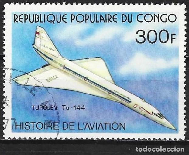 Sellos: Congo Brazzaville 1977 - Mi 597 - YT 475 - Avi&oacute;n Tupolev TU-114