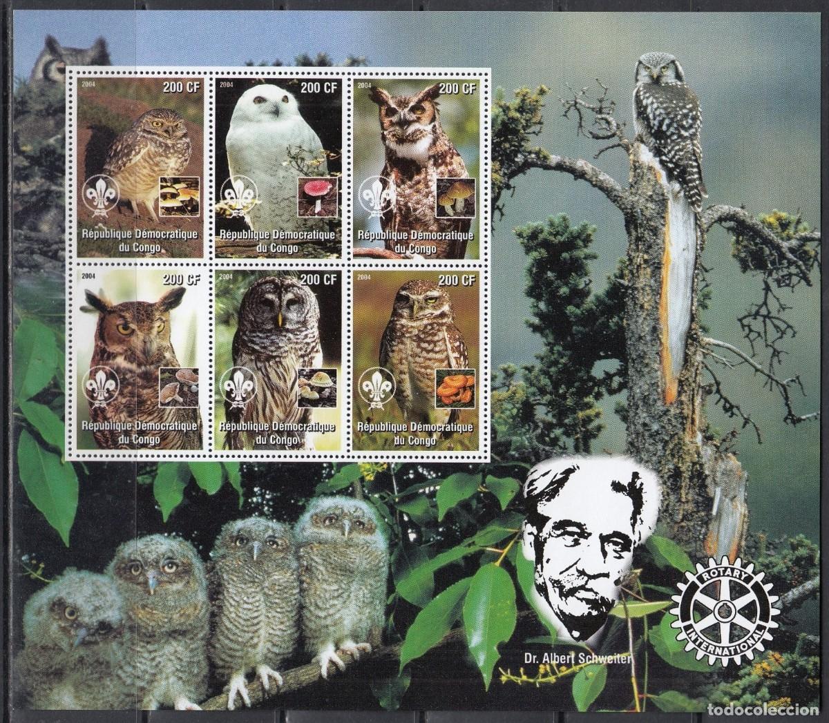Sellos: CONGO 2004 SHEET MNH SCOUT LOGO ROTARY ALBERT SCHWEITZER FAUNA AVES BIRDS OWLS HIBOUX BUHOS LECHUZAS