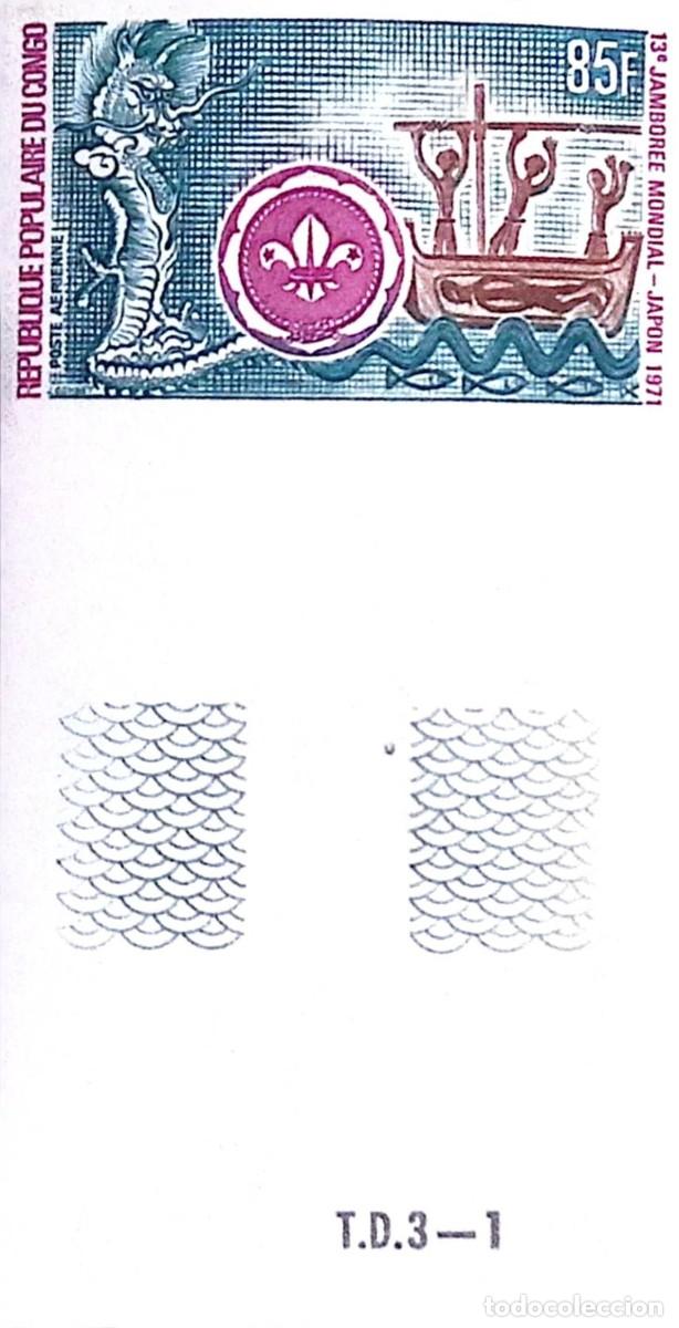 Sellos: O) 1971 CONGO, PROOF, SCOUT, JAPANESE DRAGON AND AFRICAN CARVED CANOE, SCT C124 85fr, MNH