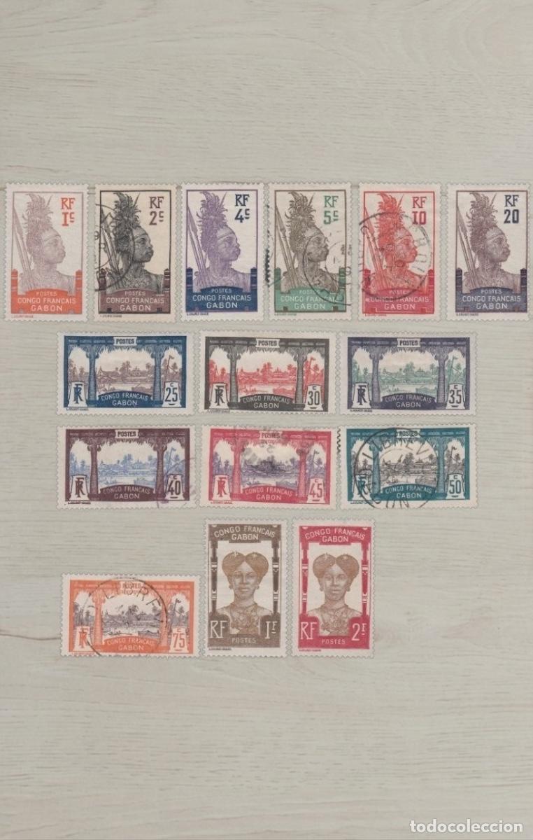 Sellos: Lote 15 Sellos de Gab&oacute;n (Congo Franc&eacute;s) 1910 - Serie Guerrero, Paisaje y Mujer Bant&uacute; - Nuevos/Usados