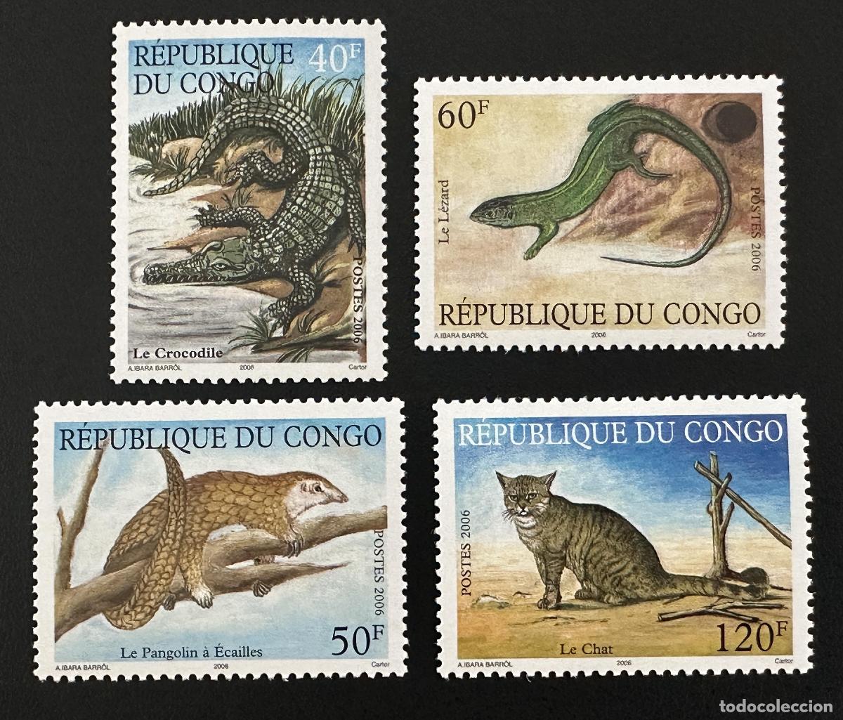Sellos: Congo 2006 Mi. 1786-1789 cocodrilo lagarto pangol&iacute;n gato salvaje fauna