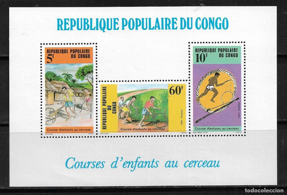 Sellos: CONGO 1986, HOJA BLOQUE Ivert 40 - NI&Ntilde;OS JUGANDO CON EL ARO. MNH.