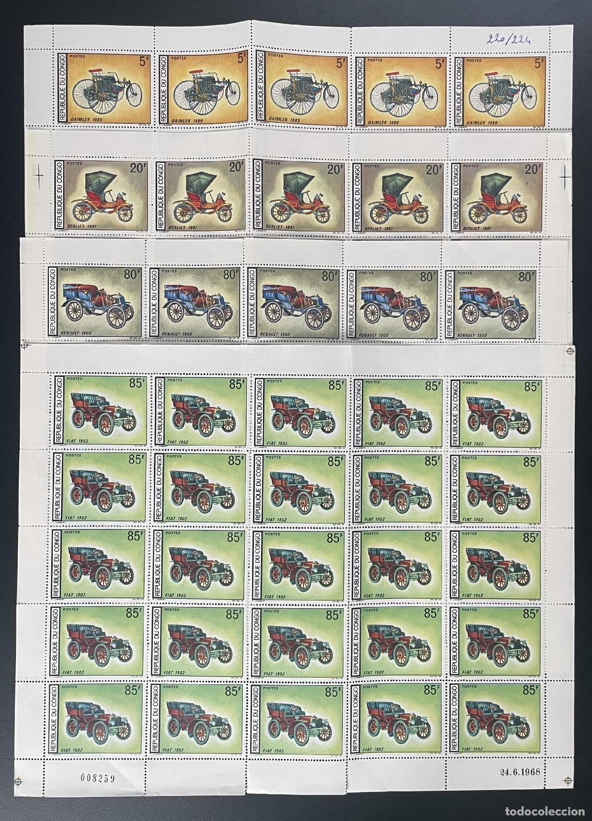 Sellos: Congo 1968 Yt 220 221 223 224 tabl&oacute;n coches antiguos transporte