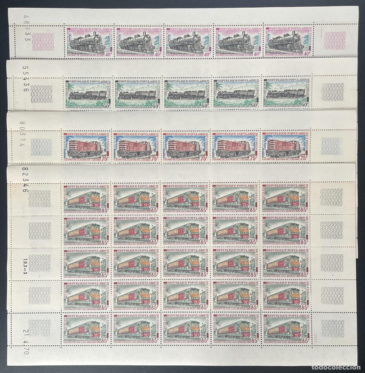 Sellos: Congo 1970 YT 279-282 tabl&oacute;n trenes locomotoras ferrocarriles transporte