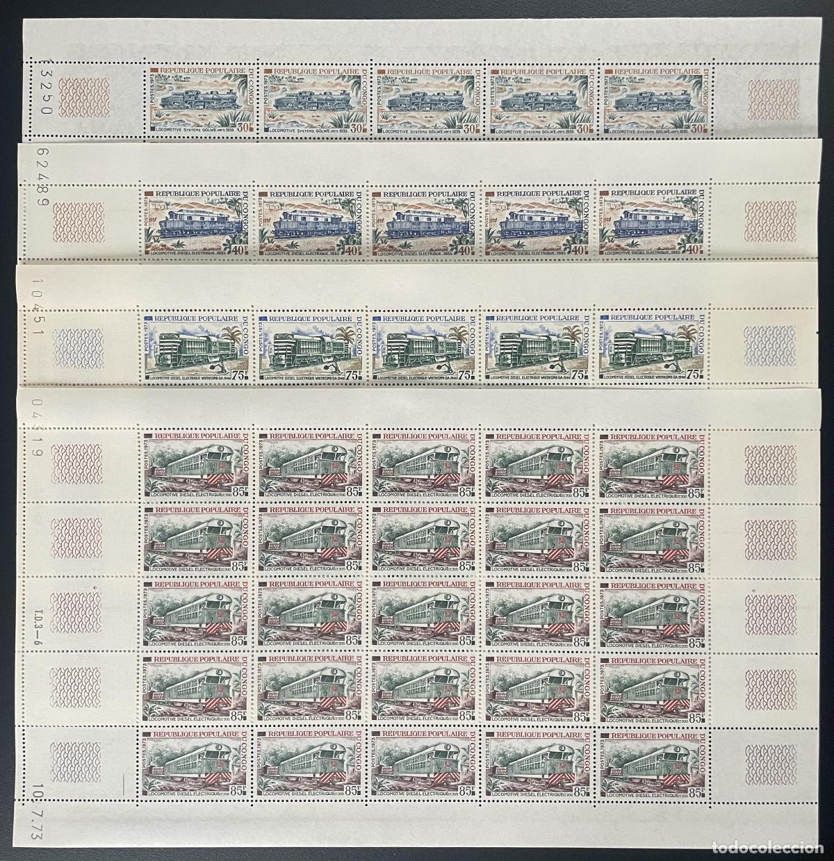 Sellos: Congo 1973 YT 334-337 tabl&oacute;n trenes locomotoras transporte ferroviario