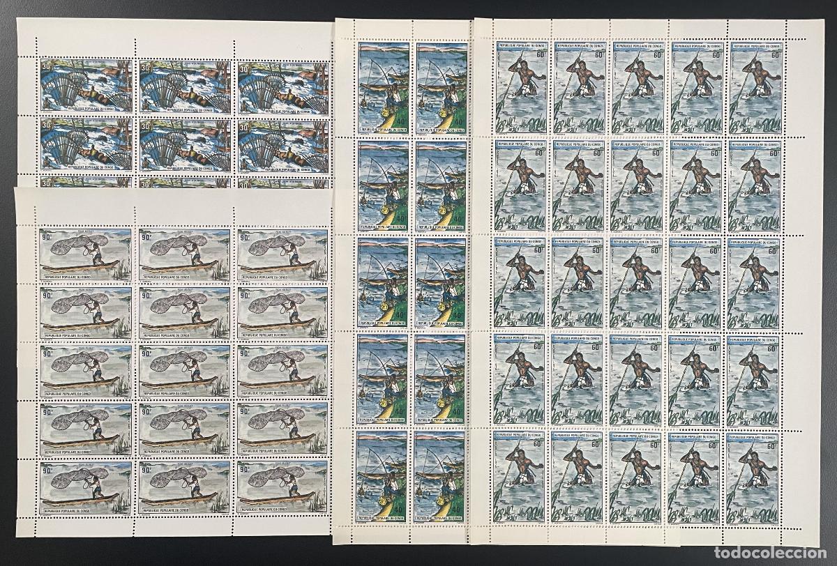 Sellos: Congo 1975 YT 383-386 tabl&oacute;n caza pesca canoas remos red cazadora