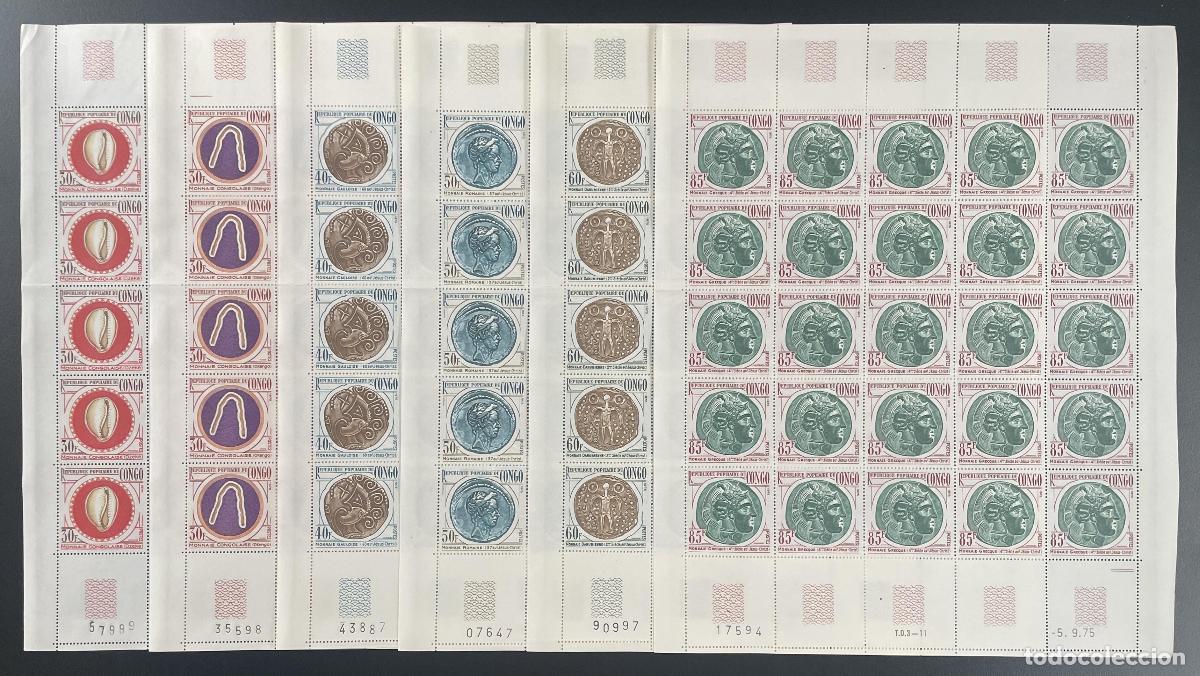 Sellos: Congo 1975 YT 394-399 tabl&oacute;n monedas antiguas numism&aacute;ticas M&uuml;nzen