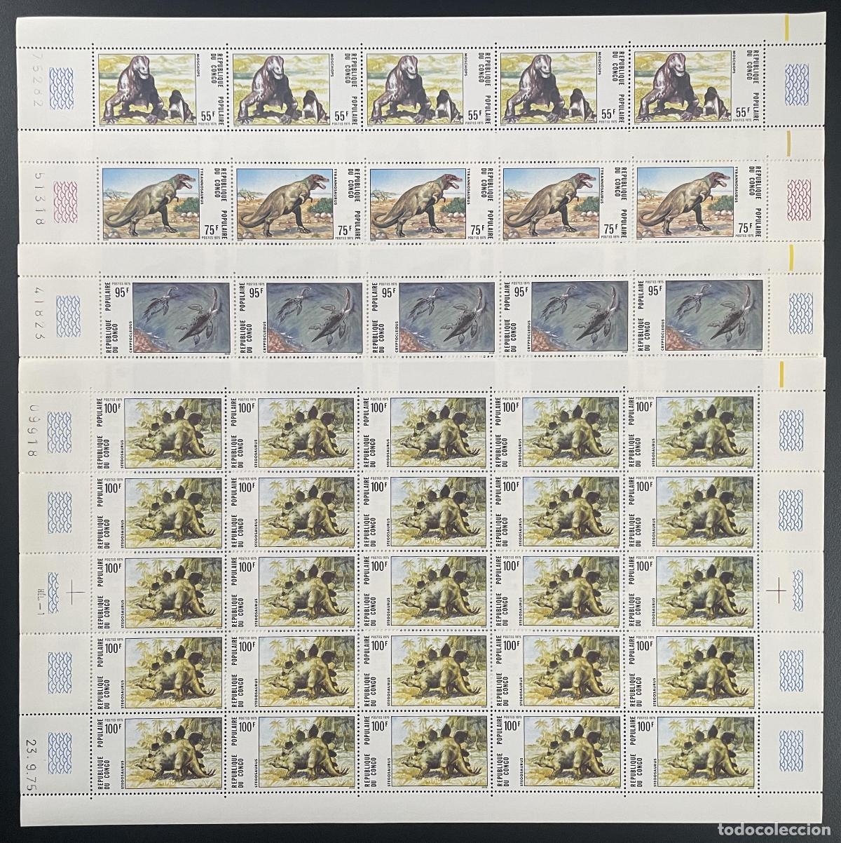 Sellos: Congo 1975 YT 401-404 tabl&oacute;n dinosaurios prehistoria paleontolog&iacute;a