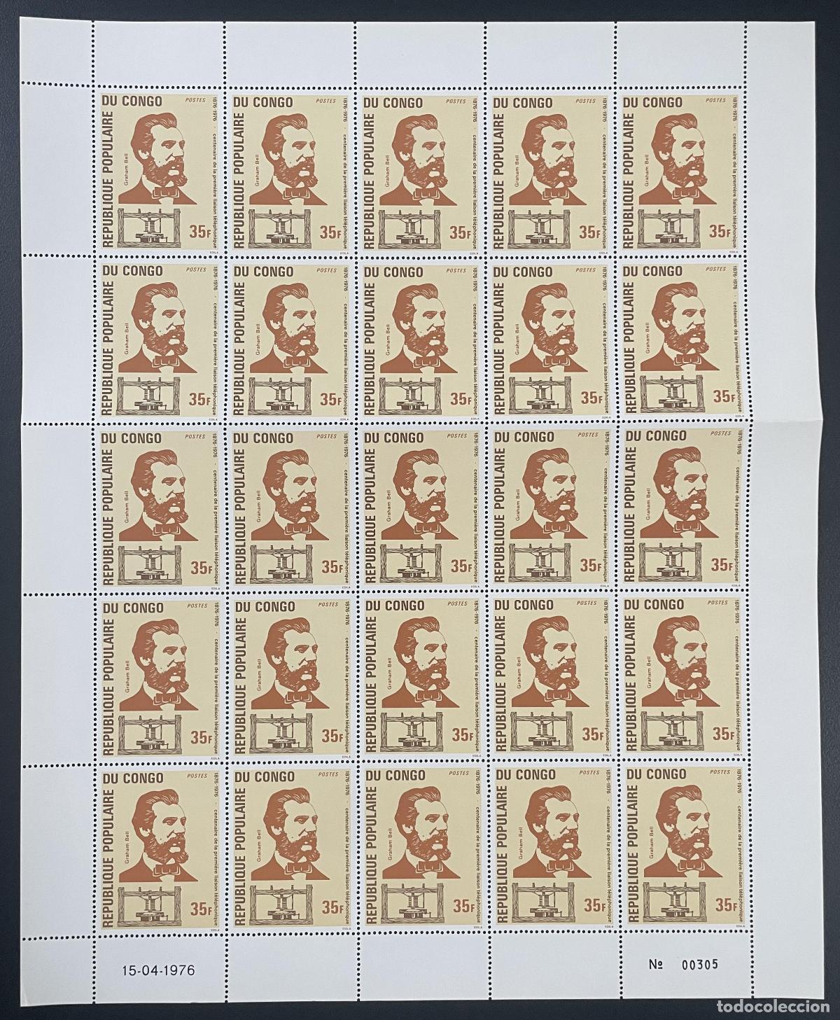 Sellos: Congo 1976 YT 416 tabl&oacute;n Alexander Graham Bell invento del tel&eacute;fono