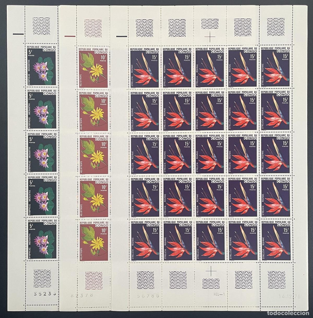 Sellos: Congo 1976 YT 428-430 tabl&oacute;n flores naturaleza plantas bot&aacute;nicas coloridas