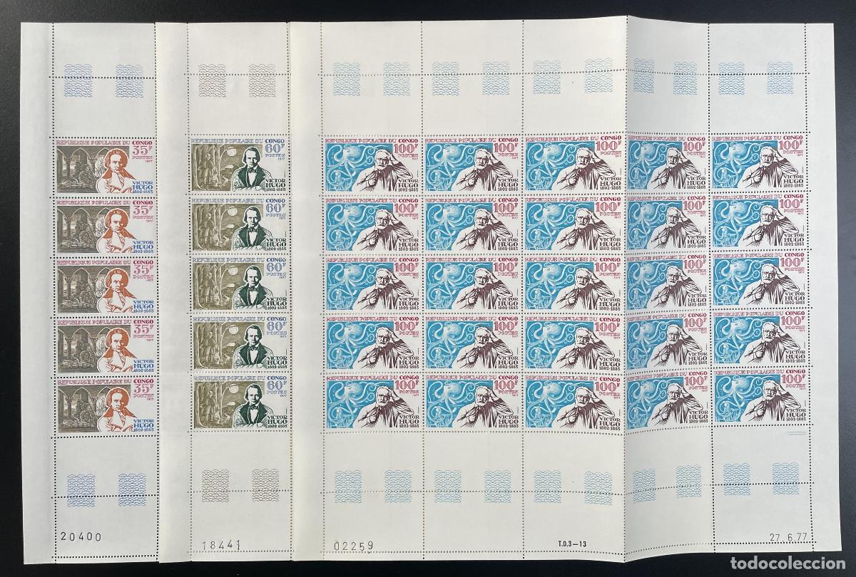 Sellos: Congo 1977 YT 463-465 tabl&oacute;n aniversario nacimiento del escritor Victor Hugo