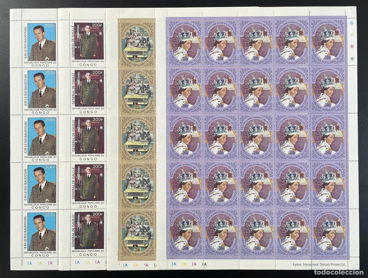 Sellos: Congo 1977 YT 476-479 tabl&oacute;n Reina Isabel II General Charles de Gaulle